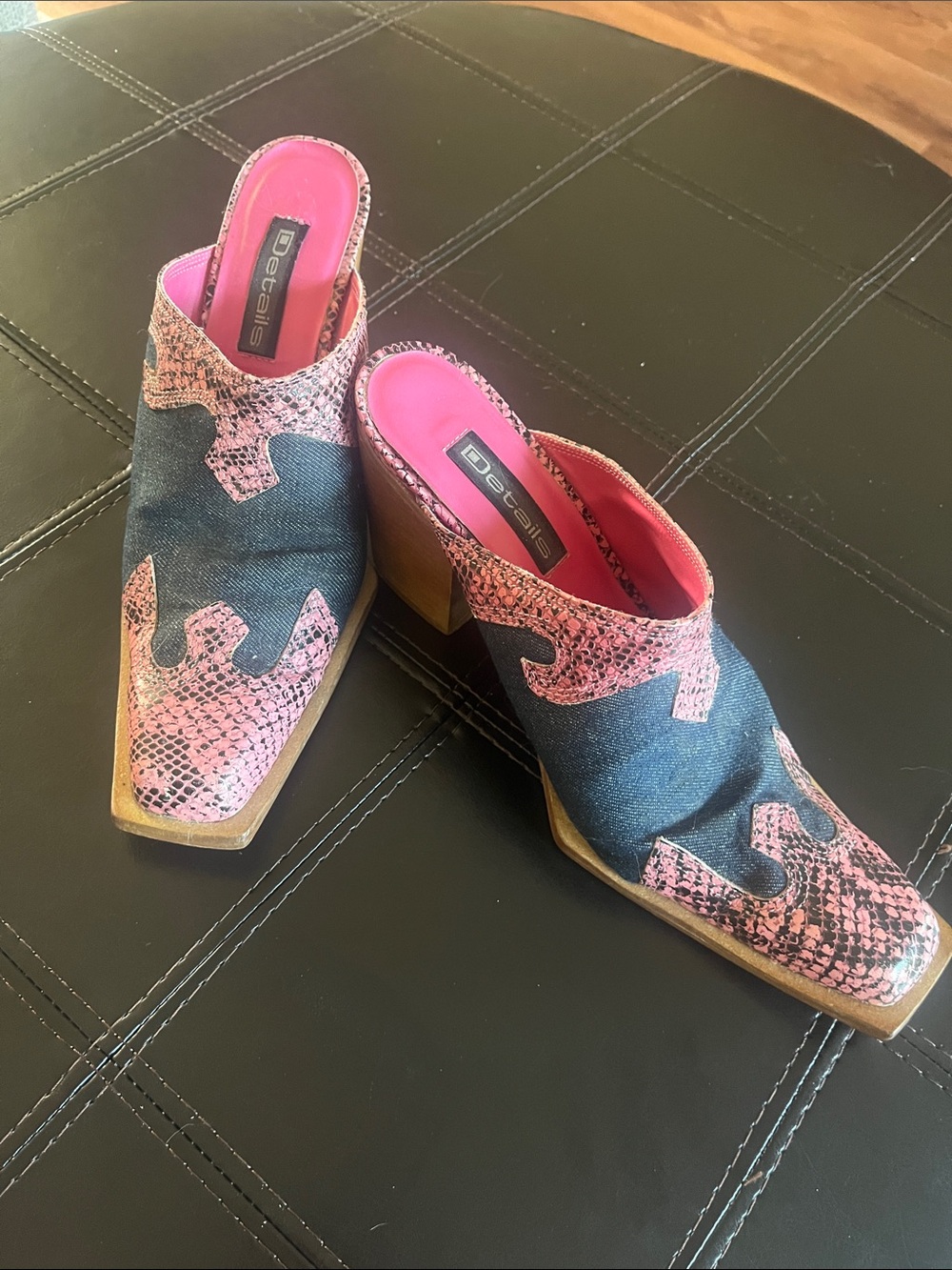Pink Snake-Print Denim Block Heel Mules